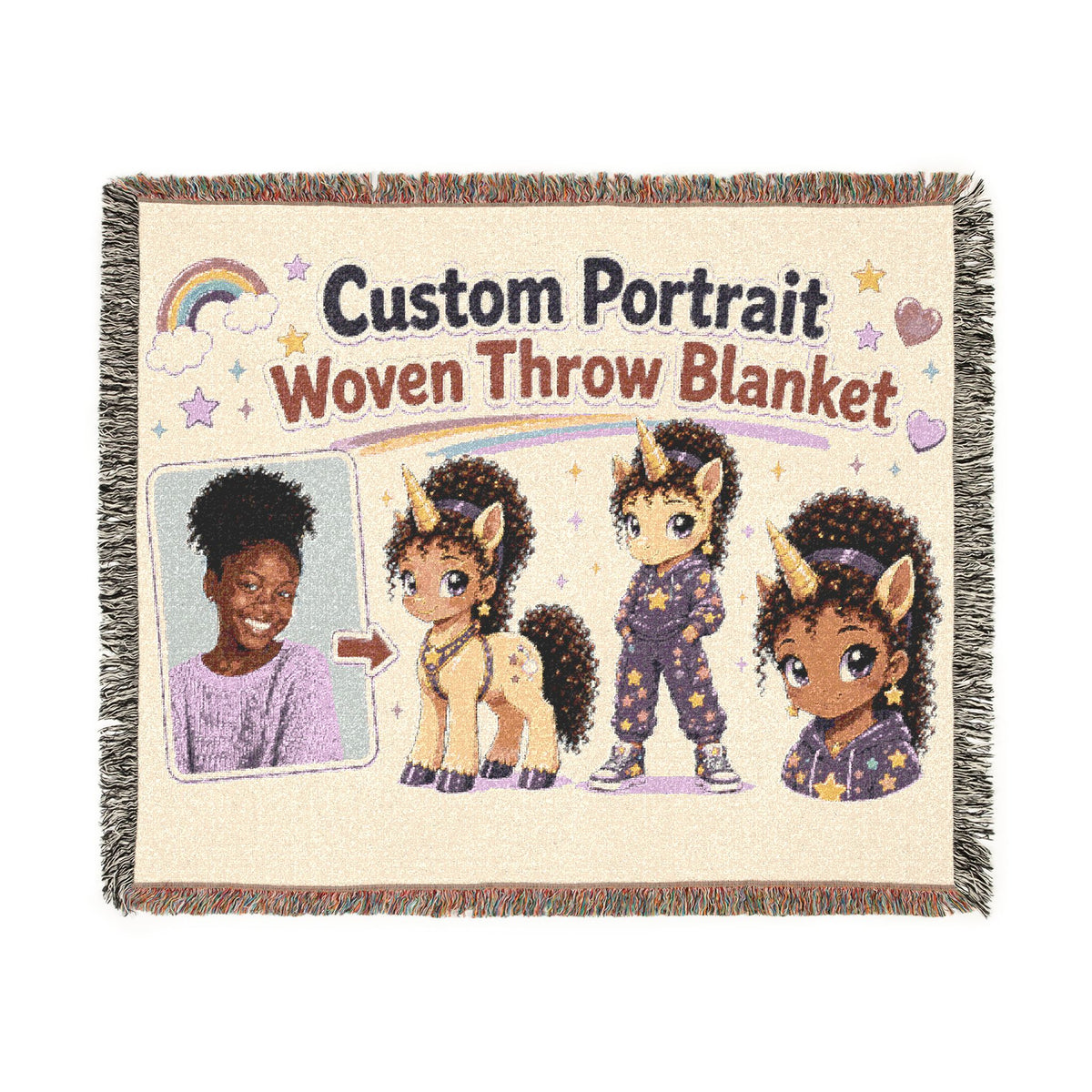 Custom Woven Portrait Art Blanket: Personalized Unicorn Tapestry Keepsake USA heirloom Quality