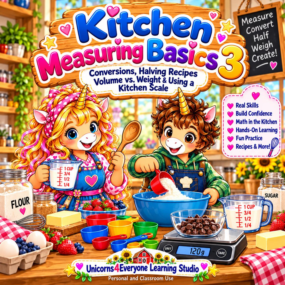 Kitchen Measuring Basics 3 Printable | Cooking Math for Kids | Measurement Conversions, Fractions, Halving & Kitchen Scale Activities