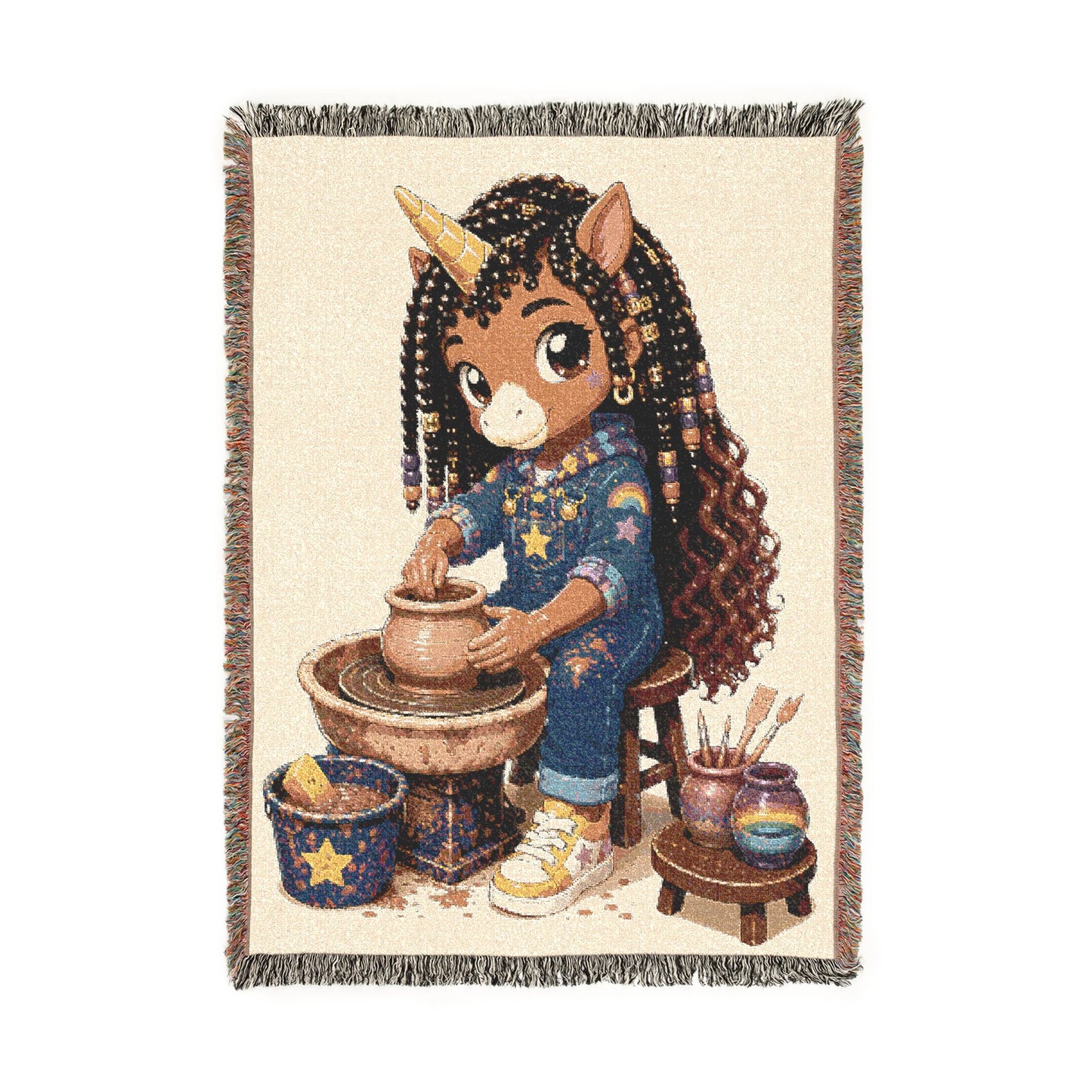 Crafting Chloe and the Rainbow Clay Pot 100% Cotton Woven Throw Blanket Original Artwork Heirloom Keepsake Unicorns4everyone