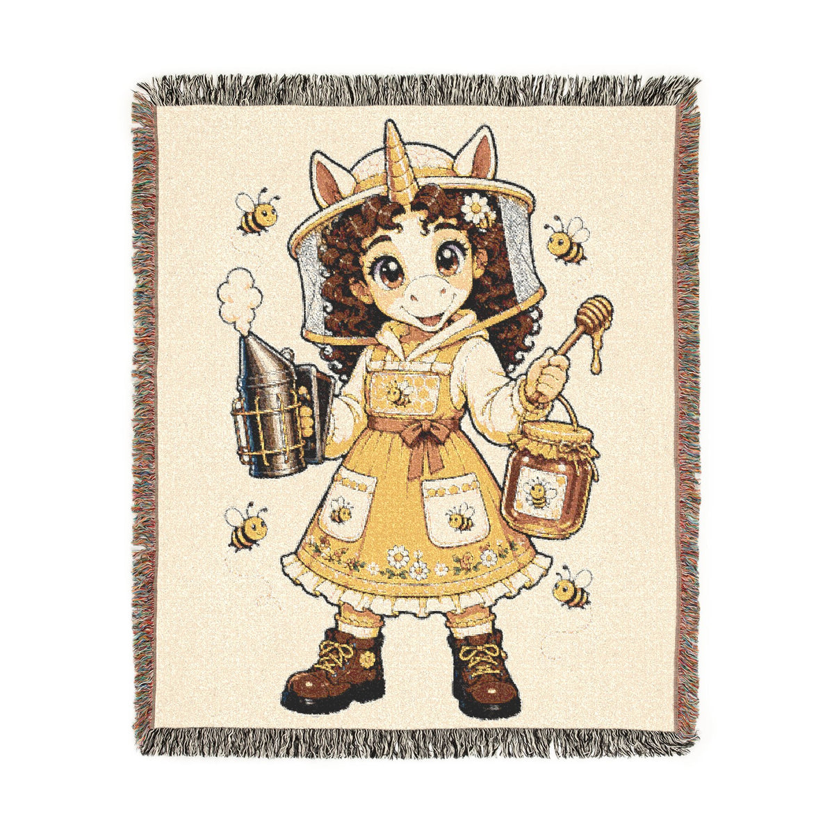 Beeatrice Unicorn Beekeeper Cotton Throw Blanket: Woven Jacquard Tapestry Heriloom Quality Keepsake