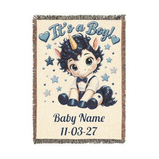Its a Boy Unicorn Blanket, Personalized Baby Boy Woven Throw, Newborn Gift, Baby Shower Gift, Nursery Keepsake