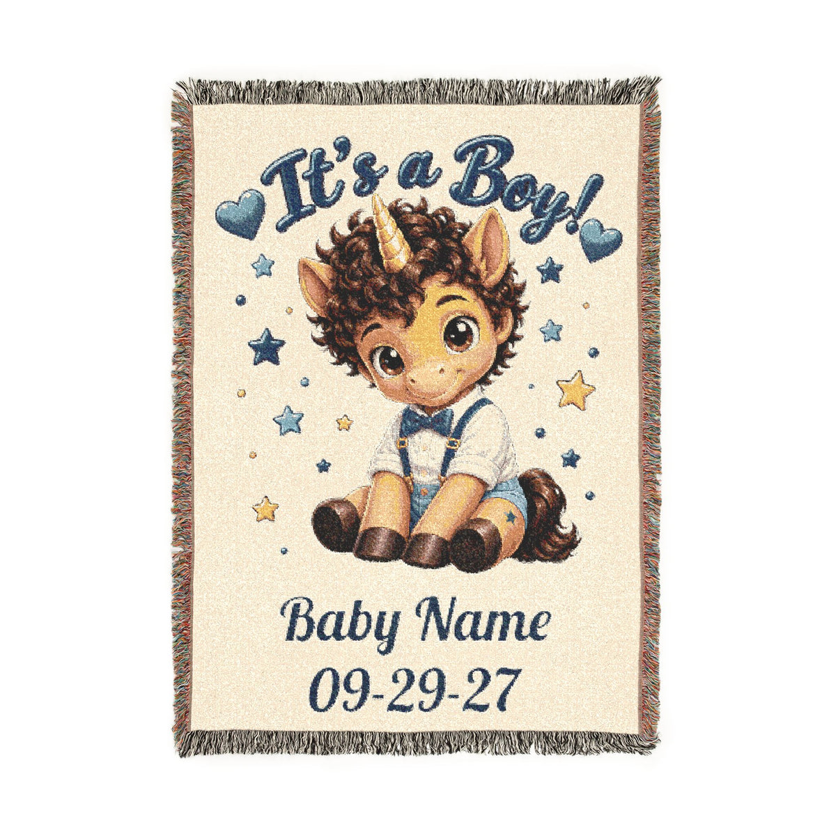 Its a Boy Unicorn Blanket, Personalized Baby Boy Woven Throw, Newborn Gift, Baby Shower Gift, Nursery Keepsake