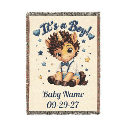 Its a Boy Unicorn Blanket, Personalized Baby Boy Woven Throw, Newborn Gift, Baby Shower Gift, Nursery Keepsake