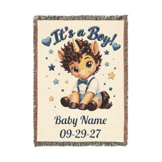 Its a Boy Unicorn Blanket, Personalized Baby Boy Woven Throw, Newborn Gift, Baby Shower Gift, Nursery Keepsake