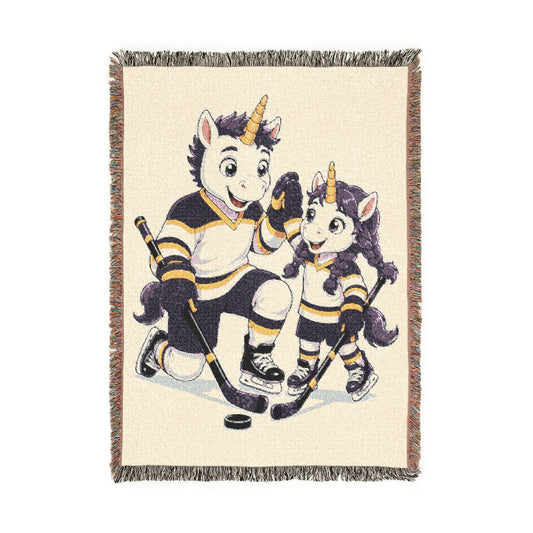 Father Daughter Unicorn Hockey Woven Blanket, Girls Hockey Gift, Purple and Gold Sports Hockey Dad Keepsake