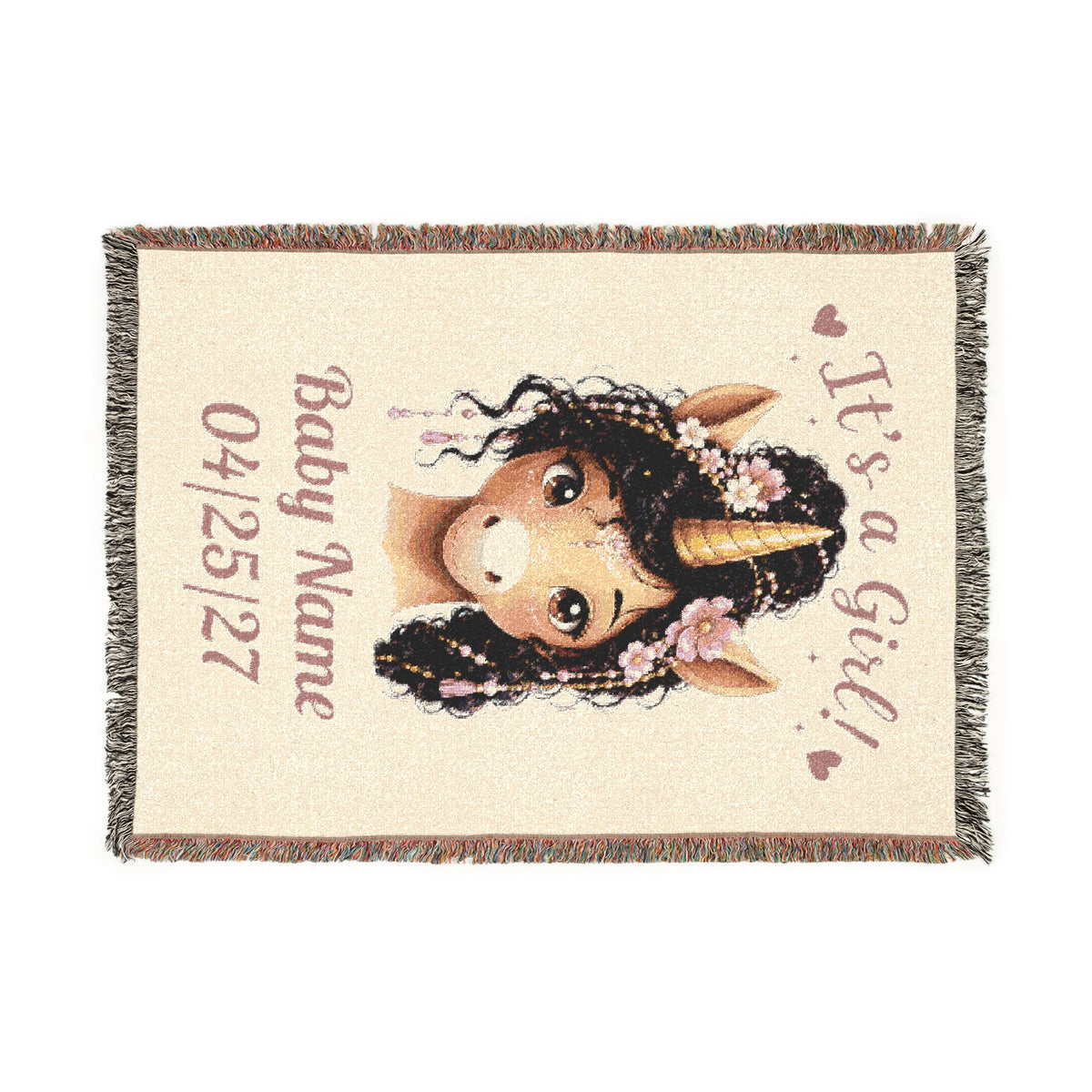 Personalize Name and Date It's a Girl Unicorn Woven Cotton Throw Blanket, Jacquard Tapestry Keepsake