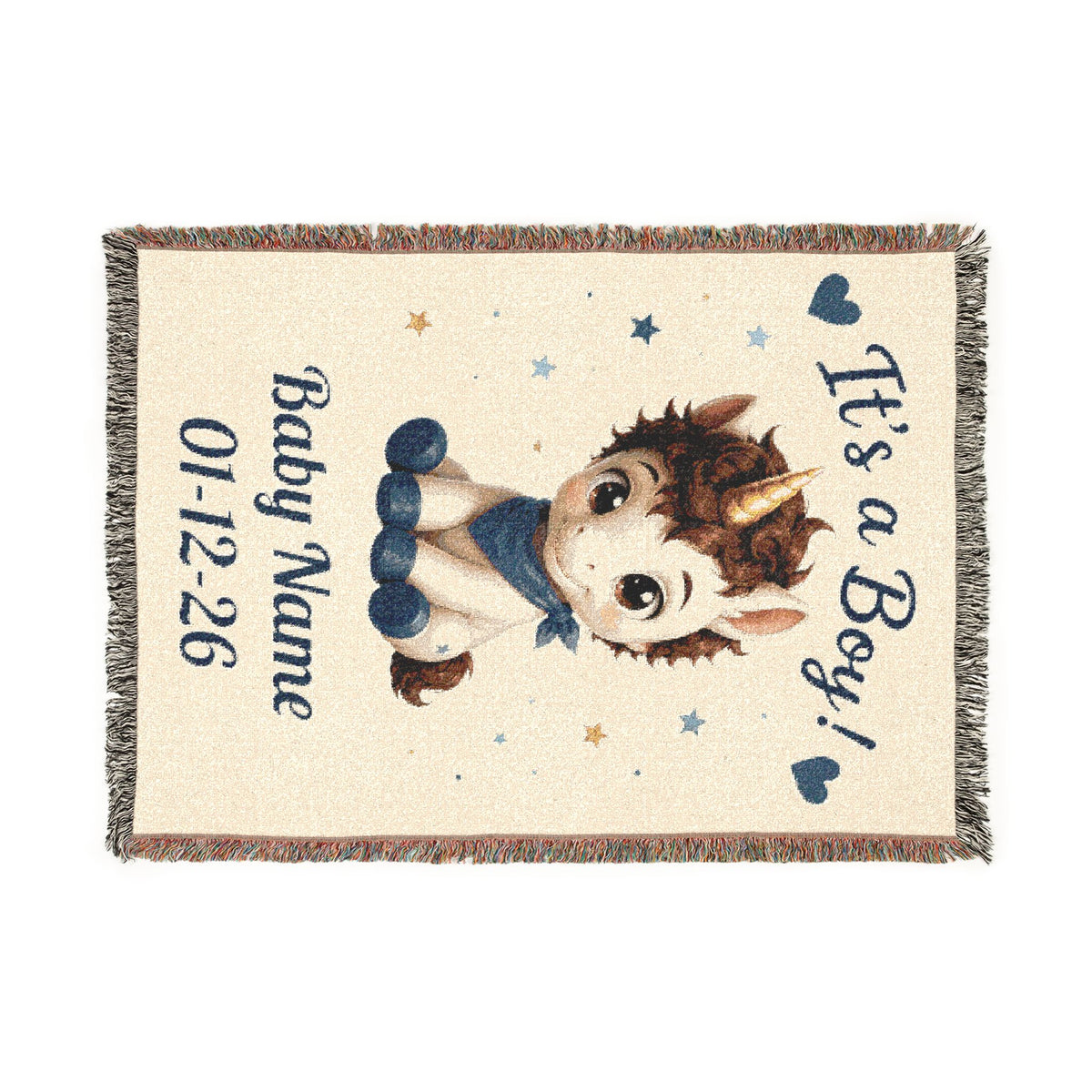 It's a Boy Personalize Name Date Unicorn Cotton Throw Blanket, Jacquard Tapestry Keepsake
