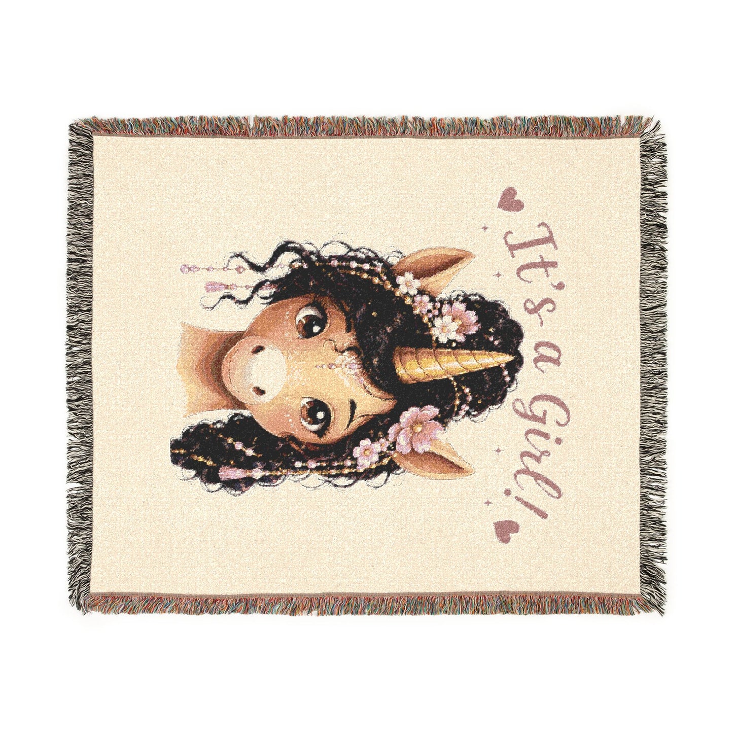 It is a girl Lotus Belle Magical Unicorn 100% Cotton Woven Throw Blanket Original Artwork Heirloom Keepsake Fringe unicorns4everyone
