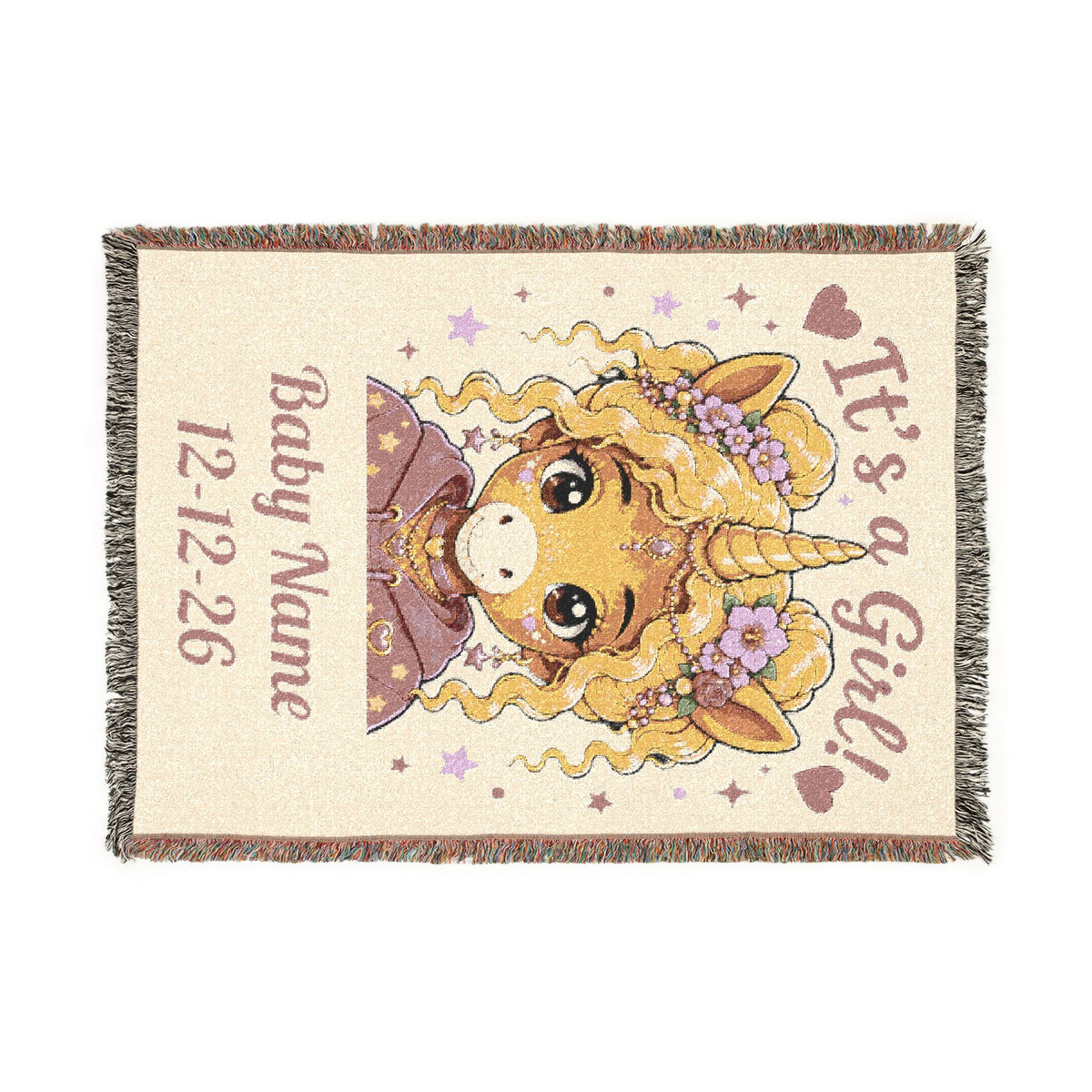 It's a Girl Personalize Name Date Unicorn Woven Cotton Throw Blanket Keepsake