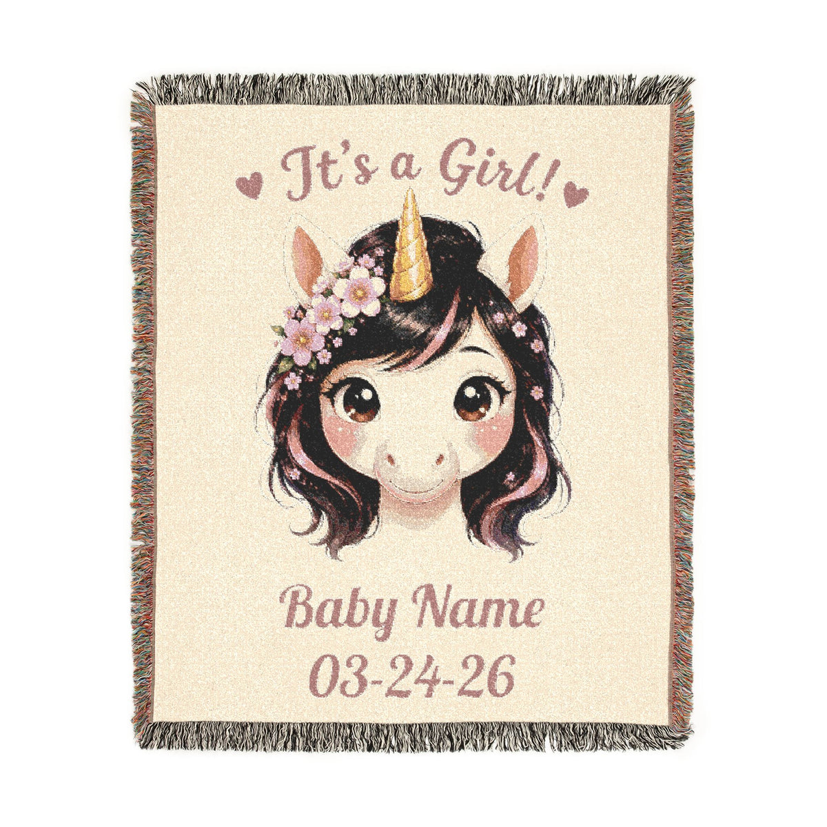 It's A Girl Personalize Name Date Unicorn Cotton Throw Blanket Jacquard Tapestry Woven USA Heirloom Keepsake