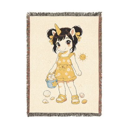 Summer Unicorn Girl Woven Blanket, Seashell Collector Throw, Yellow Beach Décor, End of Summer Gift for Girls Cotton Keepsake