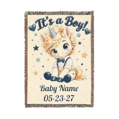 Its a Boy Unicorn Blanket Personalized Baby Boy Woven Throw, Baby Shower Gift, Newborn Boy Gift, Nursery Keepsake
