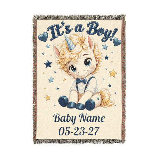 Its a Boy Unicorn Blanket Personalized Baby Boy Woven Throw, Baby Shower Gift, Newborn Boy Gift, Nursery Keepsake
