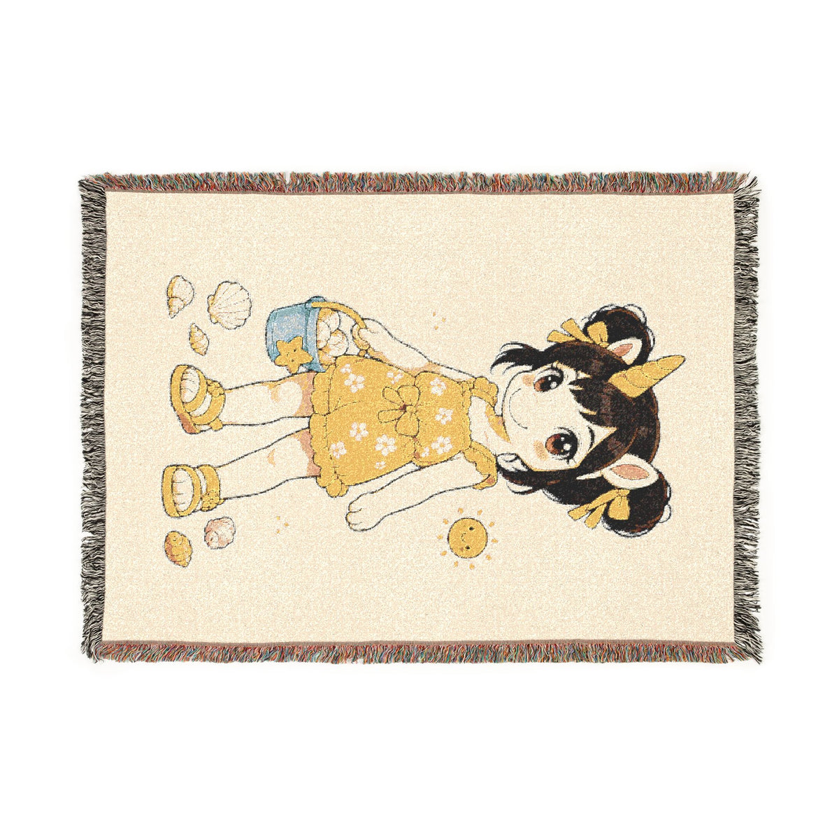 Summer Unicorn Girl Woven Blanket, Seashell Collector Throw, Yellow Beach Décor, End of Summer Gift for Girls Cotton Keepsake