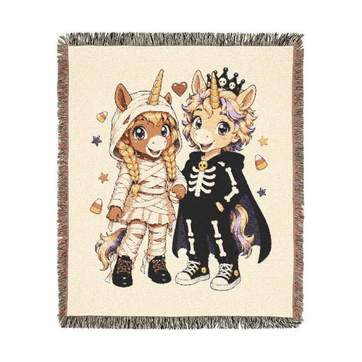 Halloween Unicorn Couple Woven Blanket, Mummy Skeleton Costume Throw, Spooky Autumn Décor