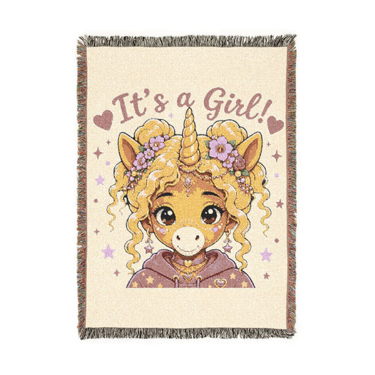 It is a girl Cherry Bloom Unicorn 100% Cotton Woven Throw Blanket Original Artwork Heirloom Keepsake Fringe unicorns4everyone