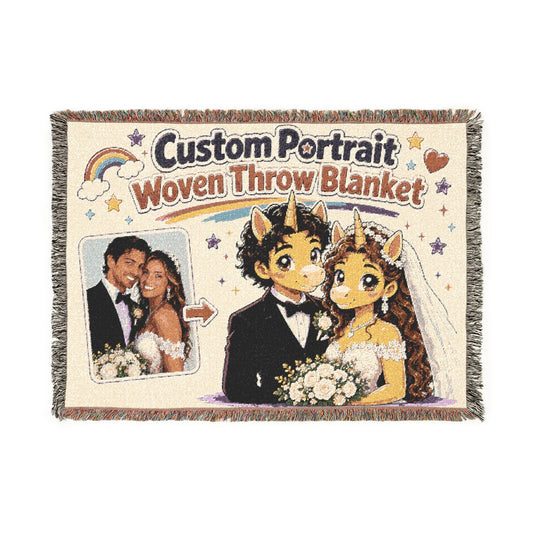 Custom Woven Portrait Art Blanket: Personalized Unicorn Tapestry Keepsake USA heirloom Quality