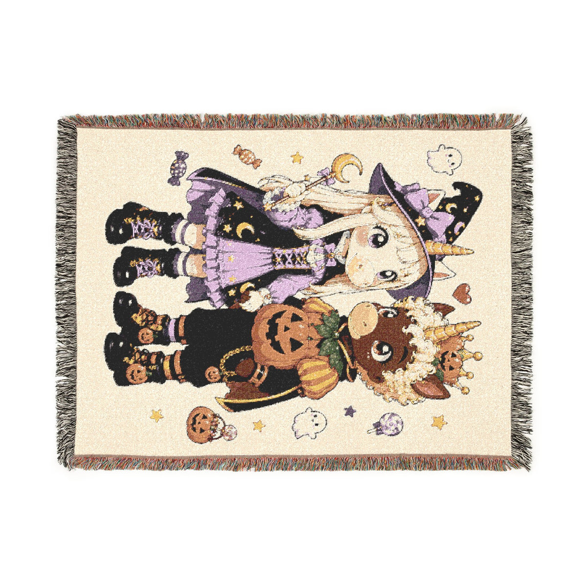 Halloween Couple Woven Blanket, Witch Pumpkin Costume Throw, Spooky Unicorn Decor