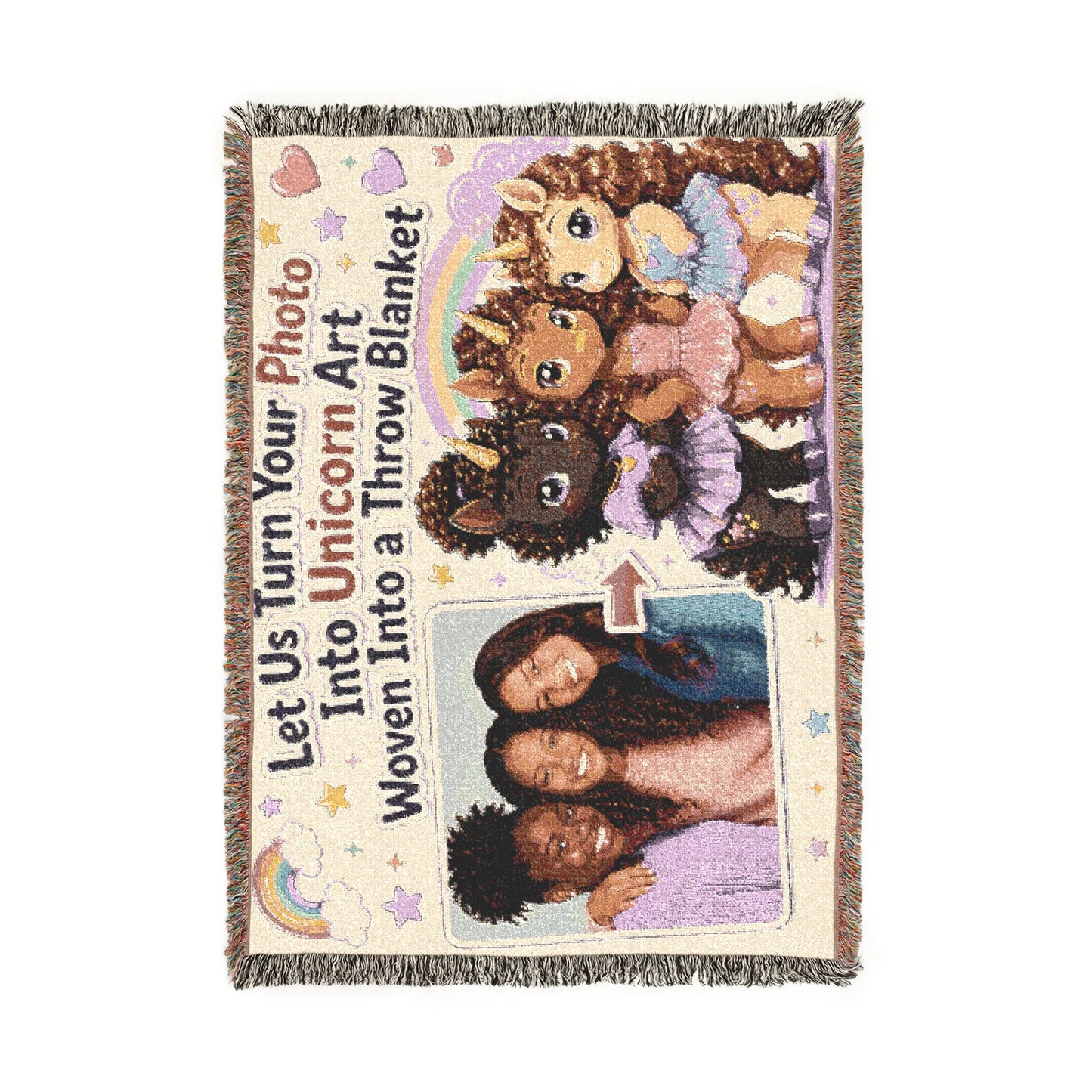 CUSTOM We Turn Your Photo Into a Unicorn Character Woven Into an Heirloom 100% Cotton Throw Blanket Keepsake
