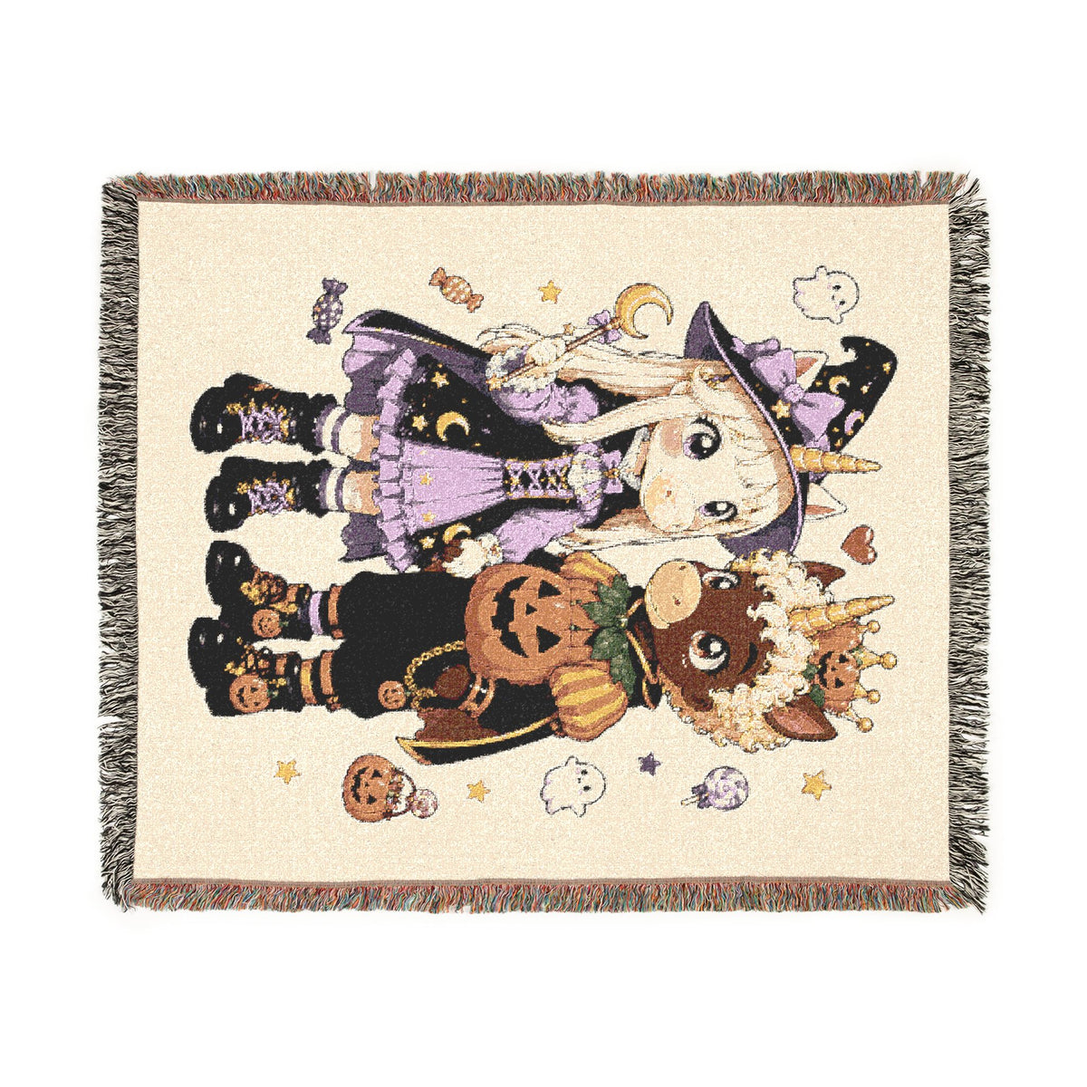 Halloween Couple Woven Blanket, Witch Pumpkin Costume Throw, Spooky Unicorn Decor