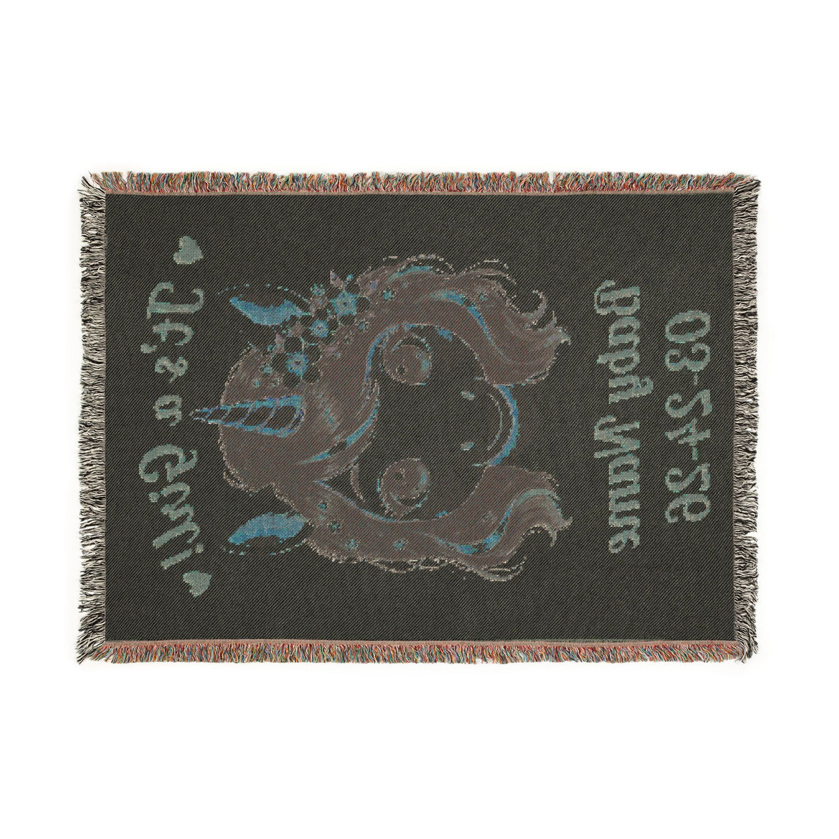 It's A Girl Personalize Name Date Unicorn Cotton Throw Blanket Jacquard Tapestry Woven USA Heirloom Keepsake