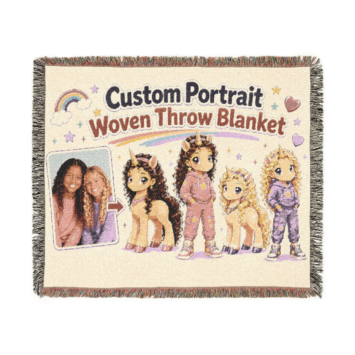 Custom Woven Portrait Art Blanket: Personalized Unicorn Tapestry Keepsake USA heirloom Quality