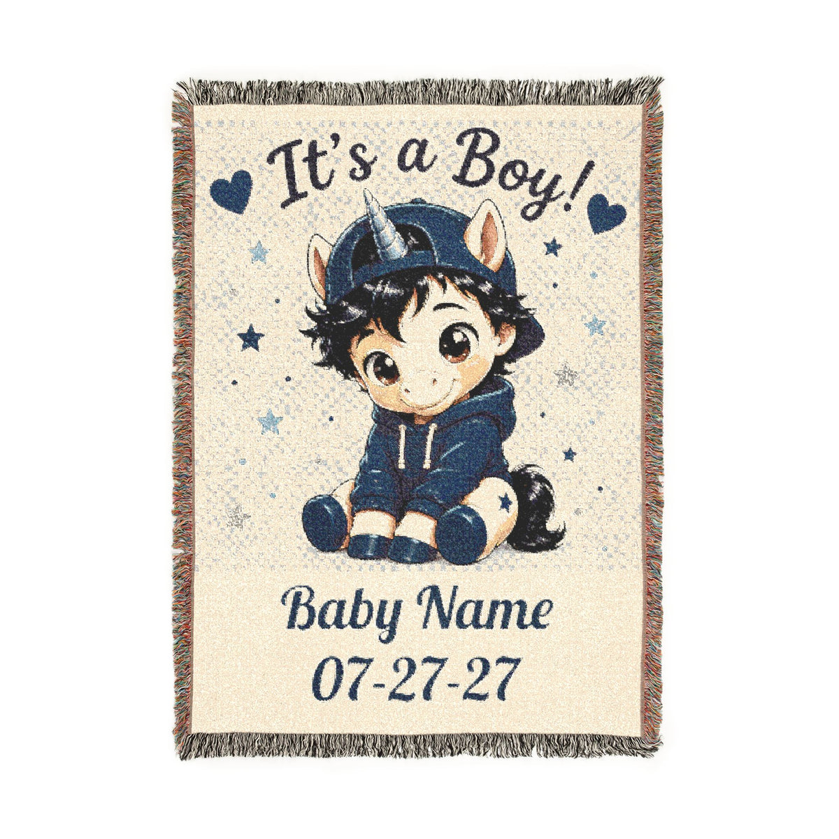 t's a Boy Keepsake Personalize Name Date Unicorn Cotton Throw Blanket, Jacquard Tapestry heirloom Quality