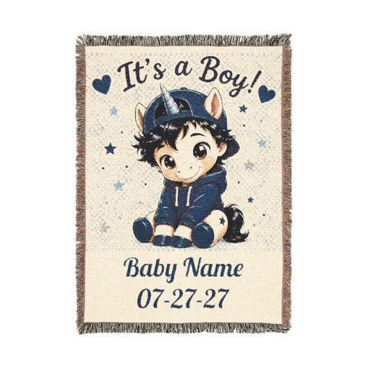t's a Boy Keepsake Personalize Name Date Unicorn Cotton Throw Blanket, Jacquard Tapestry heirloom Quality