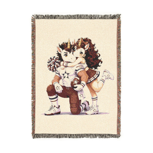 Football Player and Cheerleader Unicorn Woven Blanket, Football Cheer Couple, Personalized Sports Couple, Game Day Throw, Senior Night