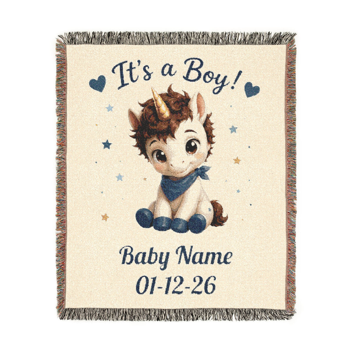 It's a Boy Personalize Name Date Unicorn Cotton Throw Blanket, Jacquard Tapestry Keepsake