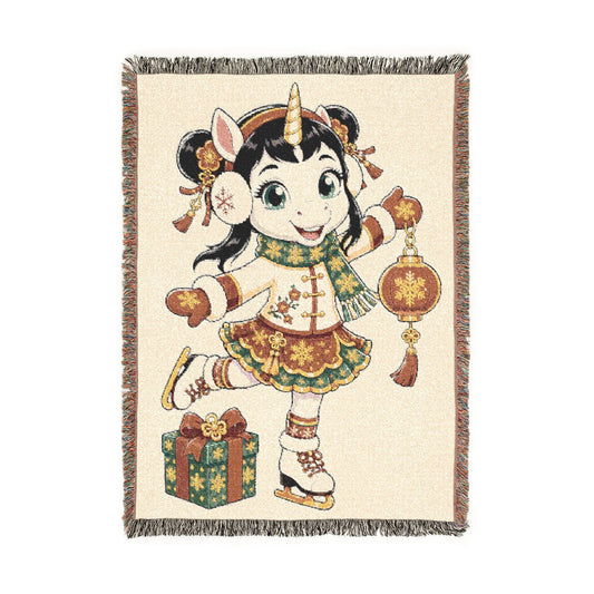 Holiday Unicorn Ice Skater Woven Cotton Throw Blanket Figure Skating Gift for Her USA Jacquard Tapestry