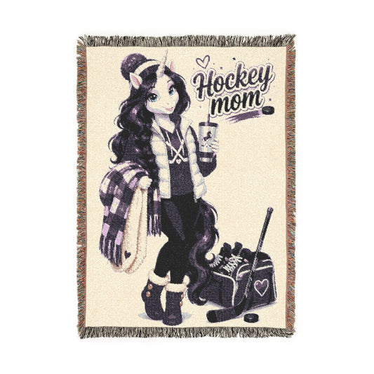 Hockey Mom Unicorn Woven Blanket, Personalized Hockey Mom Gift, Purple Hockey Blanket, Sports Mom Throw, Hockey Season Gift