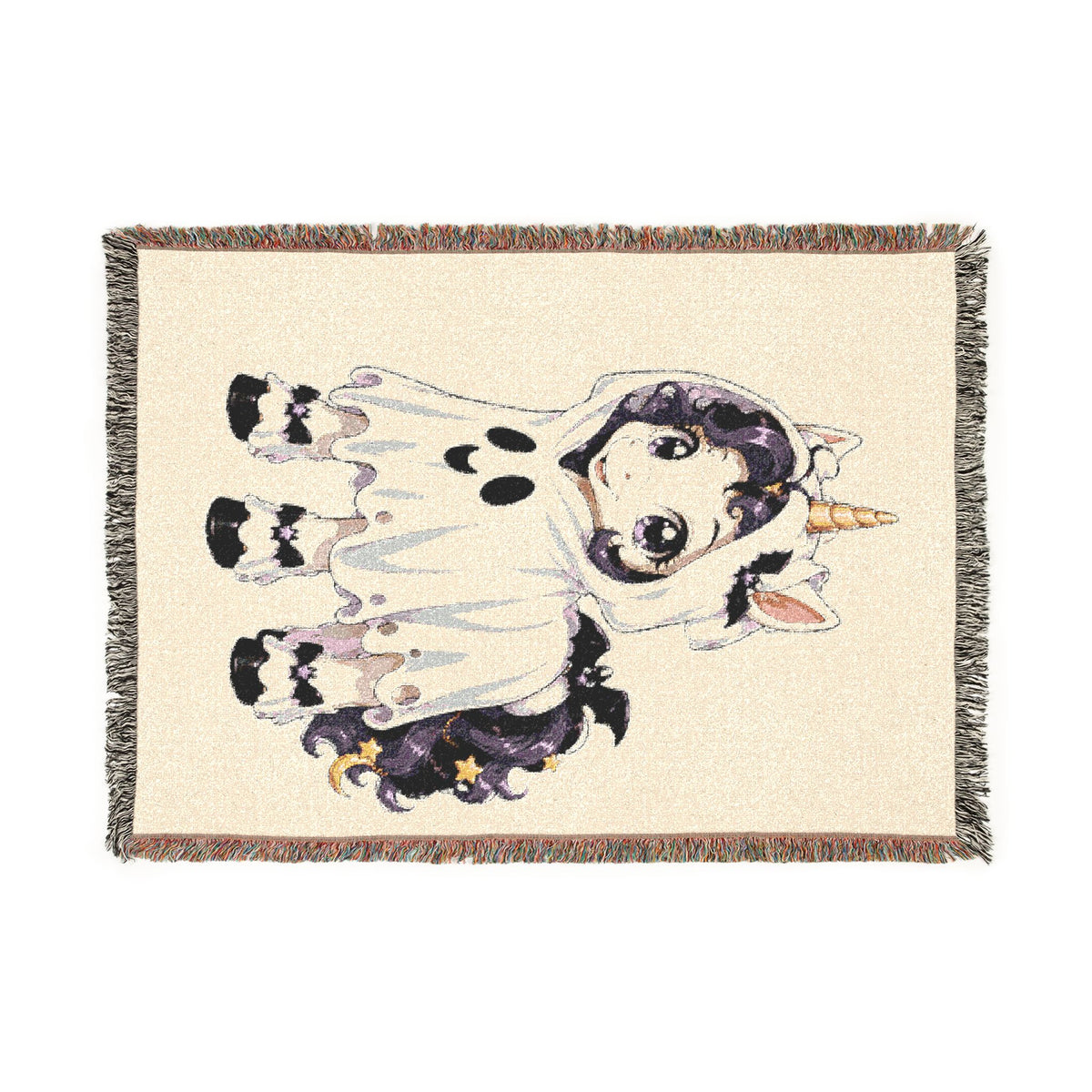 Halloween Unicorn Blanket, Cute Ghost Unicorn Woven Throw, Purple Black Spooky Unicorn Decor, Whimsical Halloween Gift for Kids