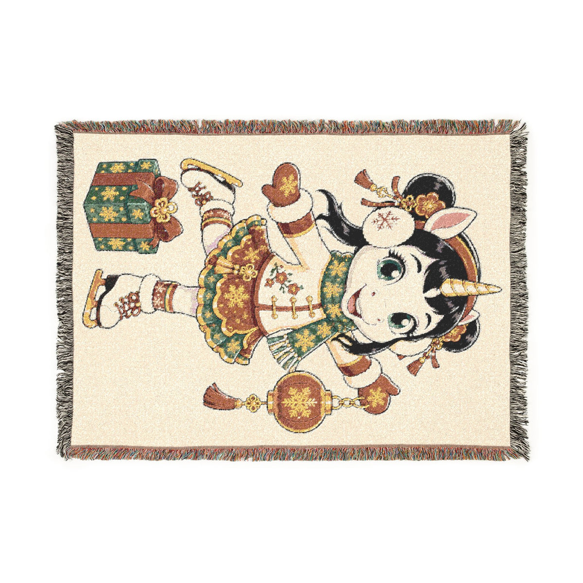 Holiday Unicorn Ice Skater Woven Cotton Throw Blanket Figure Skating Gift for Her USA Jacquard Tapestry