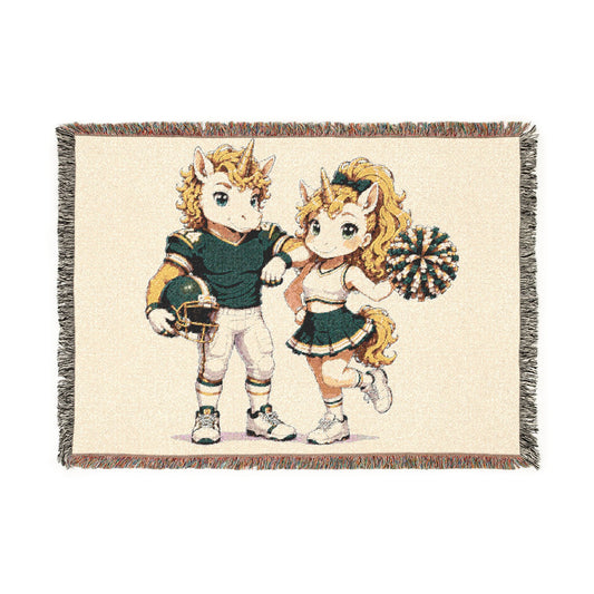 Football Player and Cheerleader Unicorn Woven Blanket, Green Gold Sports Couple, Football Cheer Blanket, Senior Night Gift, Game Day Throw