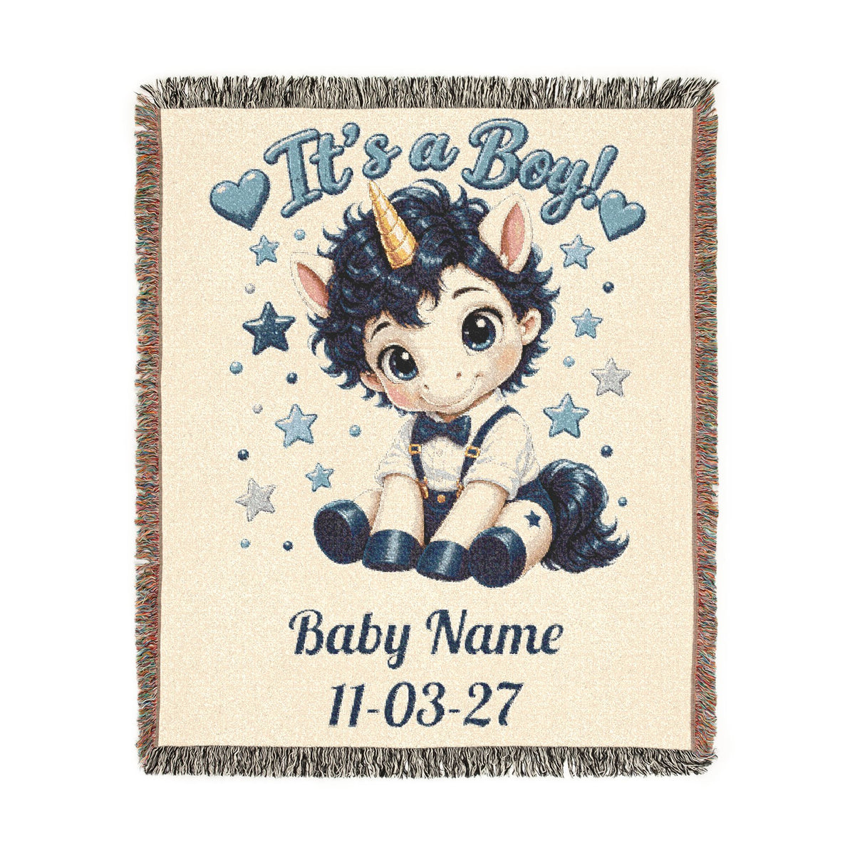 Its a Boy Unicorn Blanket, Personalized Baby Boy Woven Throw, Newborn Gift, Baby Shower Gift, Nursery Keepsake