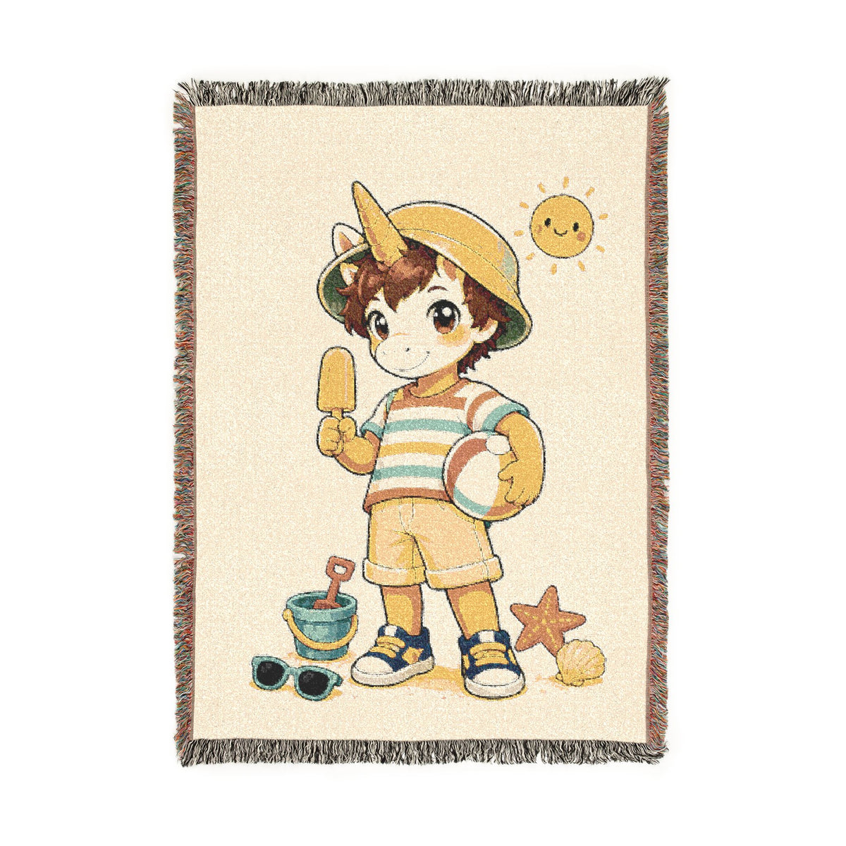 Summer Unicorn Boy Woven Blanket, Beach Day Throw for Kids, Sunshine Vacation Gift, Coastal Boys Room Décor