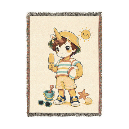 Summer Unicorn Boy Woven Blanket, Beach Day Throw for Kids, Sunshine Vacation Gift, Coastal Boys Room Décor