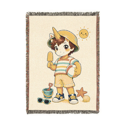 Summer Unicorn Boy Woven Blanket, Beach Day Throw for Kids, Sunshine Vacation Gift, Coastal Boys Room Décor