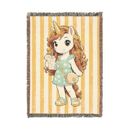 Summer Unicorn Girl Woven Blanket, Lemonade Beach Throw, Golden Hour Coastal Décor, End of Summer Gift for Girls