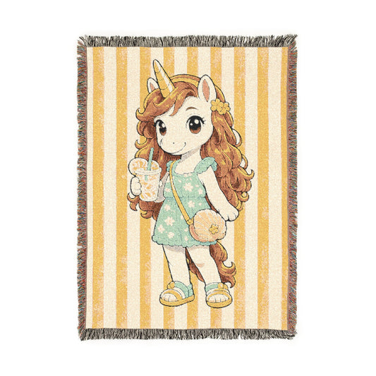 Summer Unicorn Girl Woven Blanket, Lemonade Beach Throw, Golden Hour Coastal Décor, End of Summer Gift for Girls