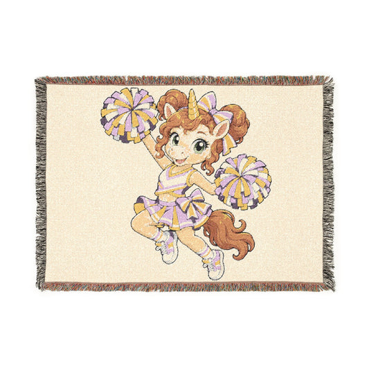 Cheerleader Unicorn Woven Blanket, Purple Gold Cheer, Personalized Cheer Team Blanket, Cheerleading Senior Gift, Game Day Throw