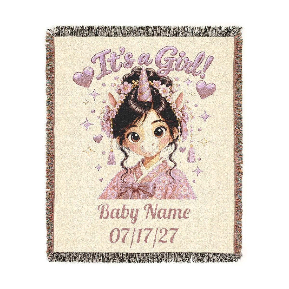 Its a Girl Unicorn Blanket, Personalized Baby Girl Woven Throw, Baby Shower Gift, Newborn Girl Gift, Floral Nursery Keepsake