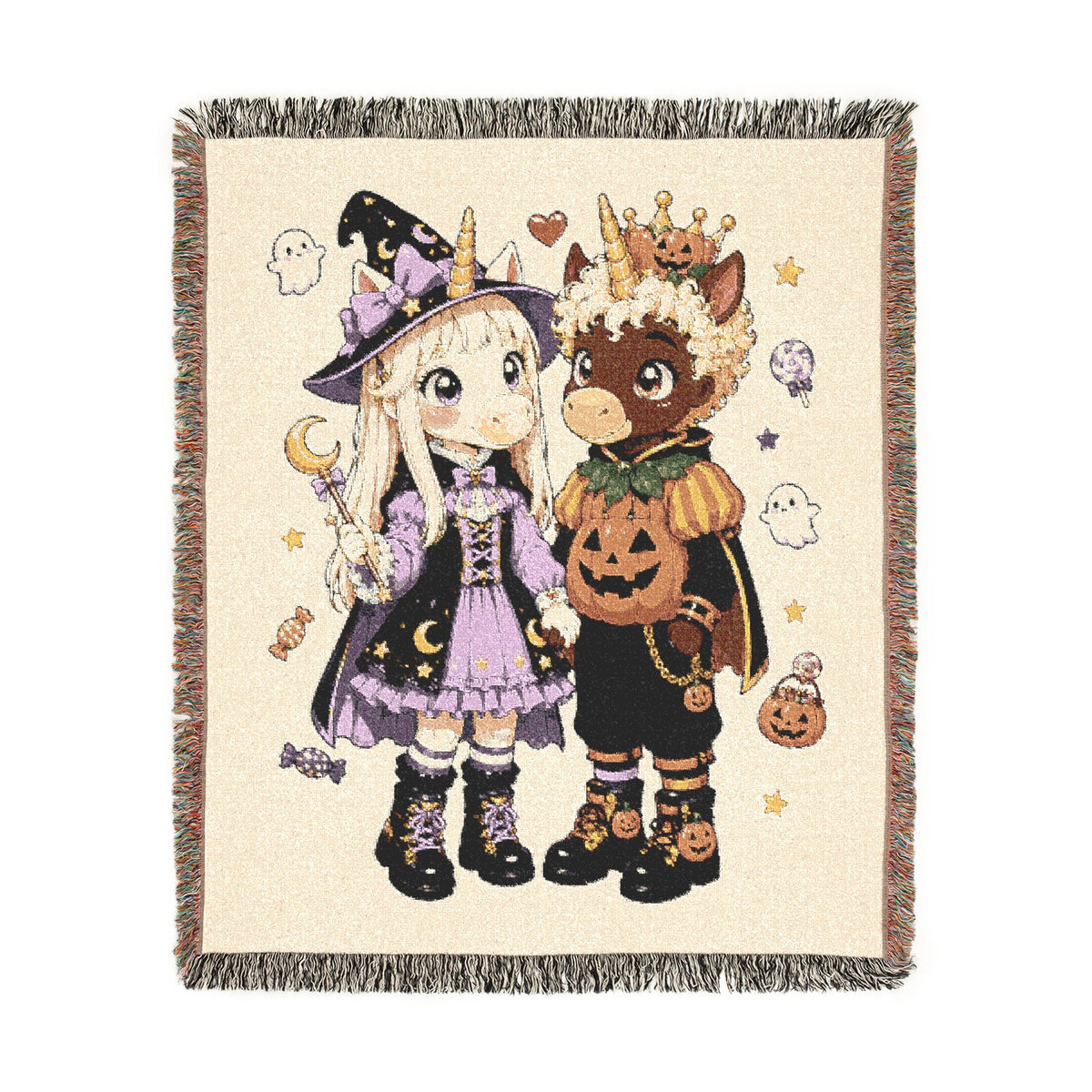 Halloween Couple Woven Blanket, Witch Pumpkin Costume Throw, Spooky Unicorn Decor