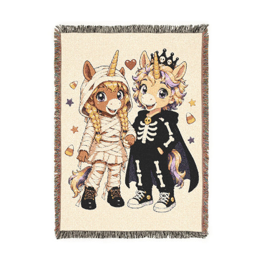 Halloween Unicorn Couple Woven Blanket, Mummy Skeleton Costume Throw, Spooky Autumn Décor