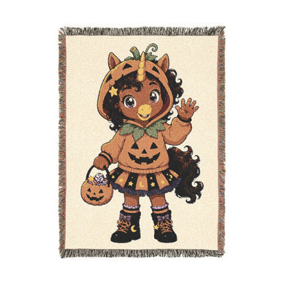 Pumpkin Unicorn Girl Woven Blanket, Halloween Trick or Treat Throw, Spooky Cute Fall Décor, Halloween Gift for Girls