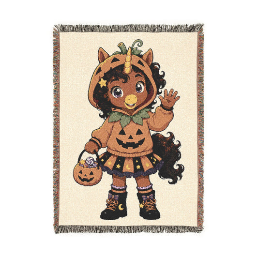 Pumpkin Unicorn Girl Woven Blanket, Halloween Trick or Treat Throw, Spooky Cute Fall Décor, Halloween Gift for Girls