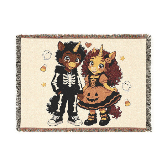 Halloween Unicorn Couple Woven Blanket, Skeleton and Pumpkin Costume Throw, Spooky Cute Fall Décor, Halloween Gift for Couples Keepsake