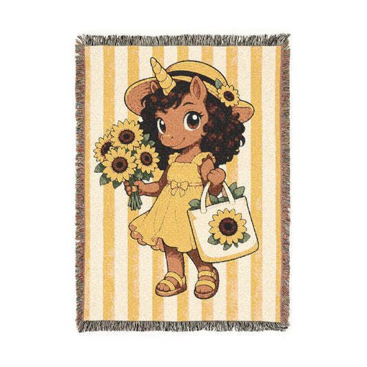 Sunflower Unicorn Girl Woven Blanket, Floral Summer Throw, Yellow Bedroom Décor, Garden Gift for Girls, Cottagecore Keepsake