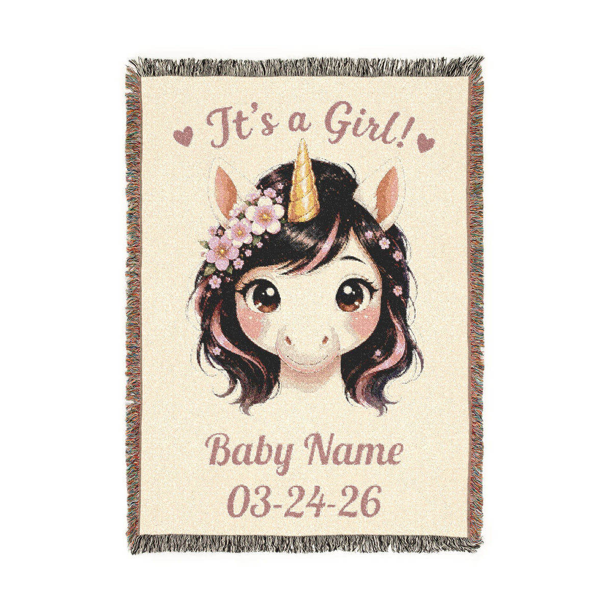 It's A Girl Personalize Name Date Unicorn Cotton Throw Blanket Jacquard Tapestry Woven USA Heirloom Keepsake